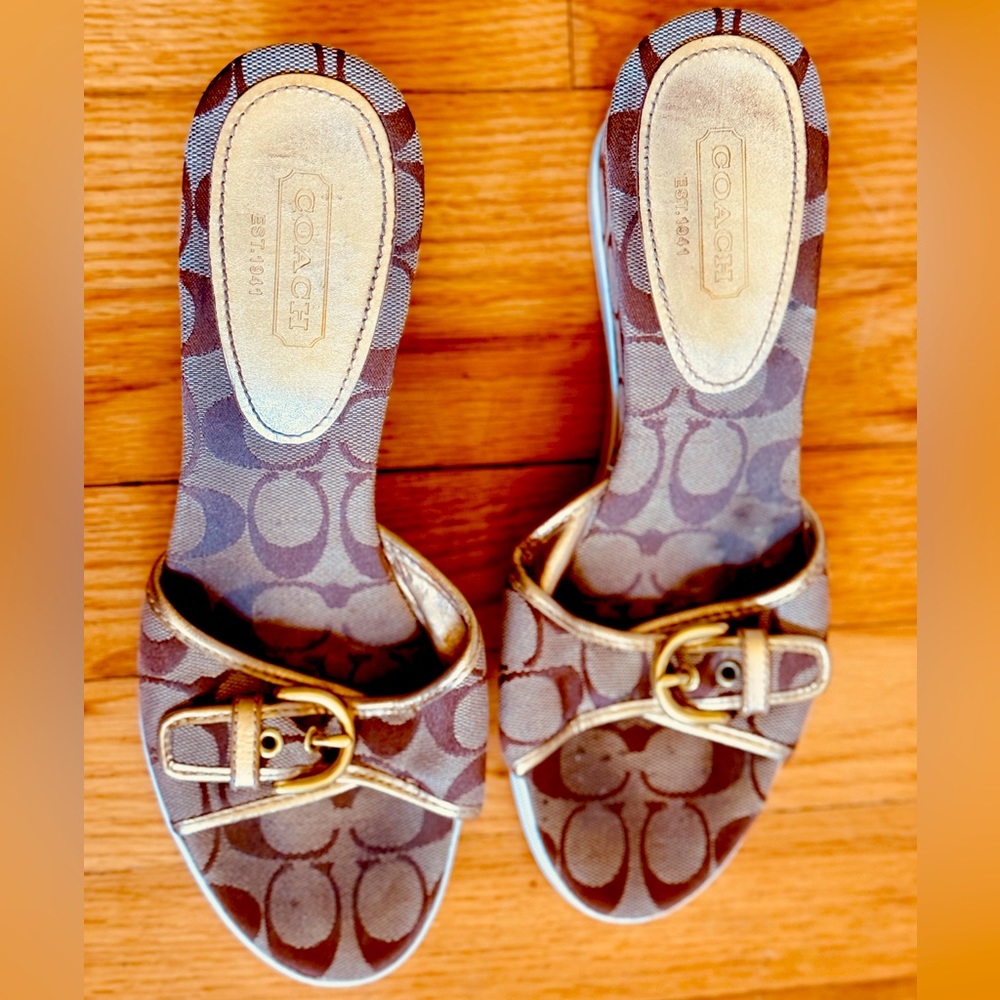Coach open toed wedge heels size 9 brown/gold
